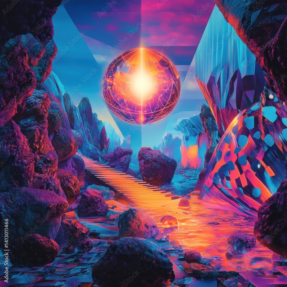 Poster surreal landscape with floating orb and stairway in a futuristic setting