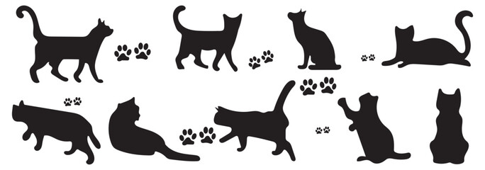 Silhouettes of Cats in Various Poses, cat vector illustration. Halloween elements