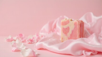Luxurious handmade soap with romantic pink stripes nestled on satin fabric with delicate rose petals scattered about