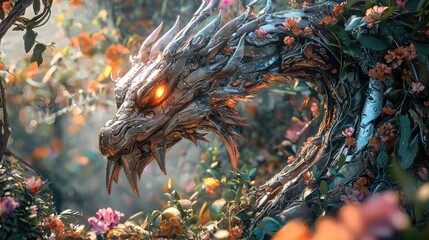 A striking dragon with a body of silver and gemstones weaves through a lush garden filled with colorful blossoms. The soft light of sunrise enhances the magical ambiance of the scene