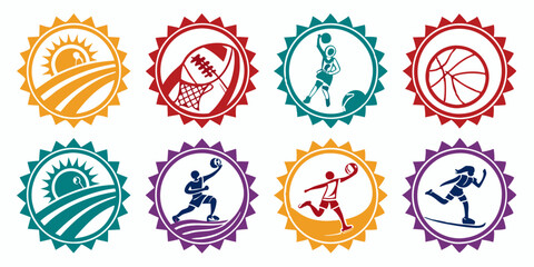 Colorful Sports & Outdoor Badges Vector Icons: Basketball, Football, Volleyball, Skiing, Sun, Fields, Circular Jagged Edge Design