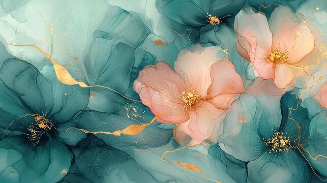 Beautiful floral designs showcase delicate blossoms in shades of blue and pink, with subtle golden highlights enhancing the overall elegance of the artwork