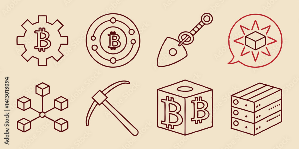 Poster bitcoin crypto mining blockchain line art icons