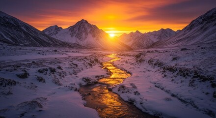 Majestic Sunset Over Snowy Mountains and River - Breathtaking view of a vibrant sunset casting a golden glow over a snow-covered river winding through a majestic mountain range
