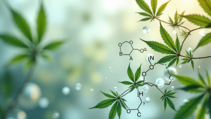 Obraz premium An artistic illustration featuring THC-A with cannabis leaves and droplets of water in a soft focus background.