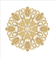 Ornamental golden laced vector floral composition, flourish vignette, rosette, mandala on white background