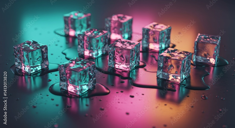 Aufkleber melting ice cubes reflection on mirrored surface - cool, vibrant, reflective, abstract, and refreshi