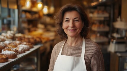 A warm portrait of a middle-aged Italian woman smiling in a bakery. She wears an apron, surrounded by freshly baked pastries, creating an inviting atmosphere.