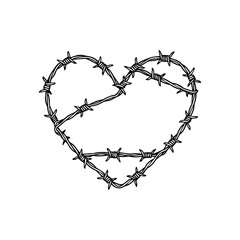 Heart Shape Formed from Barbed Wire on a White Background Symbolizing Painful Love, Entrapment, and Protected Emotions