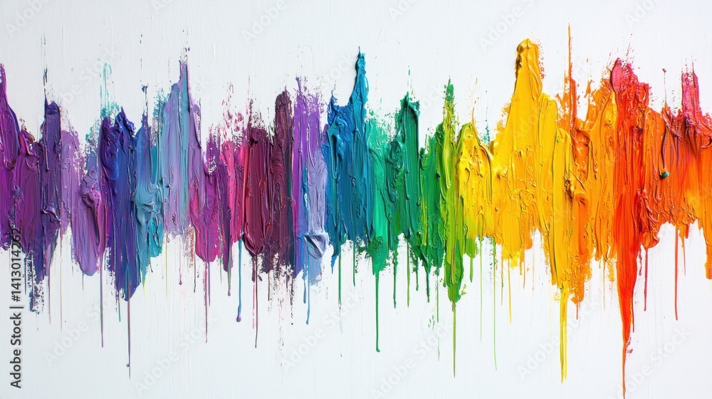 Poster bright, thick paint in various colors flows down a white canvas, creating a striking visual effect. 