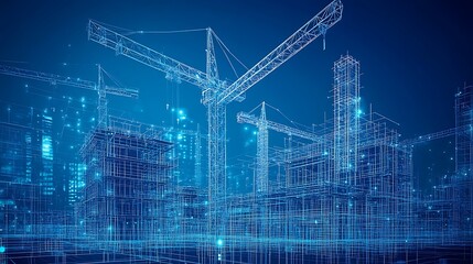 Futuristic City Blueprint with Cranes and Skyscrapers, Futuristic digital blueprint of a city with cranes and skyscrapers