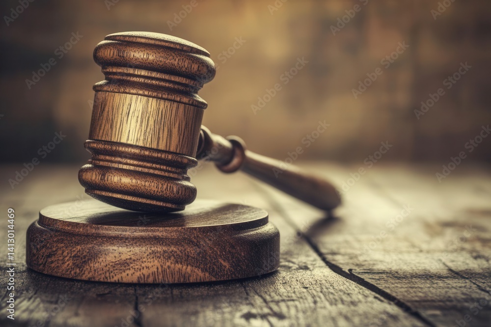 Poster rustic wooden judge gavel and sound block on aged oak table with natural light and dramatic shadows 
