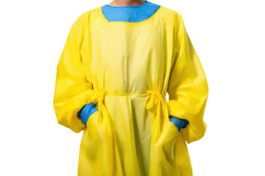 A Frontline Hero's Protective Gear: Yellow Isolation Gown with Blue Gloves, Ready to Fight the Pandemic and Keep Us Safe During Medical Procedures.