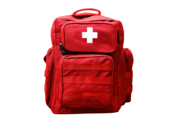 Ready to Respond: A Bright Red First Aid Kit Backpack Prepared for Emergencies and Medical Assistance on the Go.
