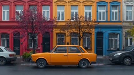 Obraz premium Vibrant row of colorful buildings with an orange car parked on the street