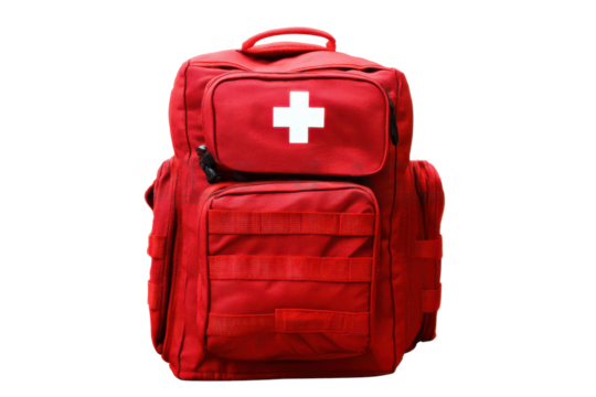 Ready to Respond: A Bright Red First Aid Kit Backpack Prepared for Emergencies and Medical Assistance on the Go.