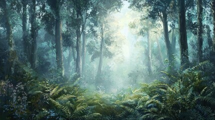 Obraz premium A tranquil forest landscape showcases dense trees and vibrant ferns enveloped in soft mist. Sunlight pierces through the foliage, illuminating the serene setting at dawn