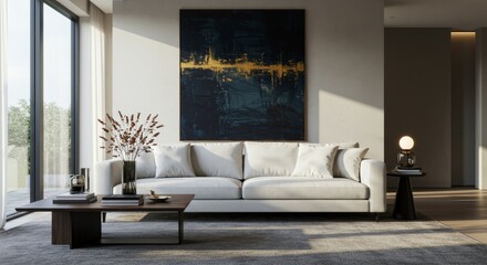Modern Living Room Sofa Design with Abstract Art - Elegant living room interior design showcasing a comfortable sofa, abstract artwork, natural elements, and soft lighting. Symbolizing comfort,