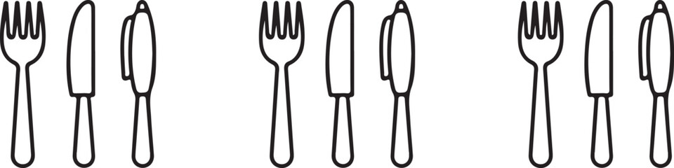 Set of six kitchen utensils: forks, knives, and spoons, line art design, perfect for use in food-themed designs, cooking patterns, and restaurant illustrations in vector format