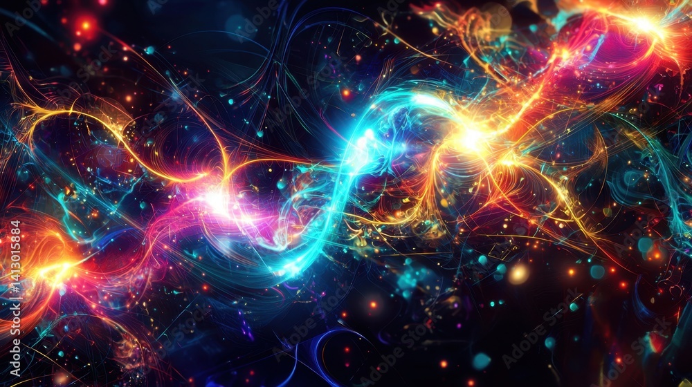 Poster a mesmerizing pattern of colorful light trails twists and turns against a dark background, creating 