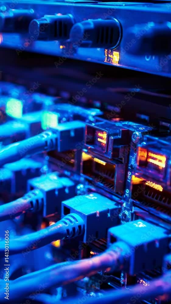 Poster close-up, low-angle shot of a server rack with glowing cables and lights, creating a futuristic tech