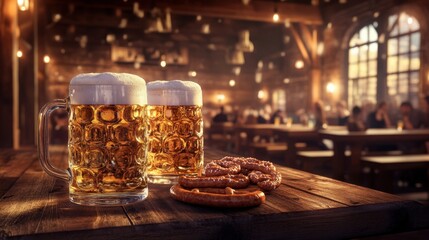 A Toast to Tradition: Two overflowing steins of golden ale sit in the foreground, perfectly complemented by a platter of savory sausages on a rustic wooden table.