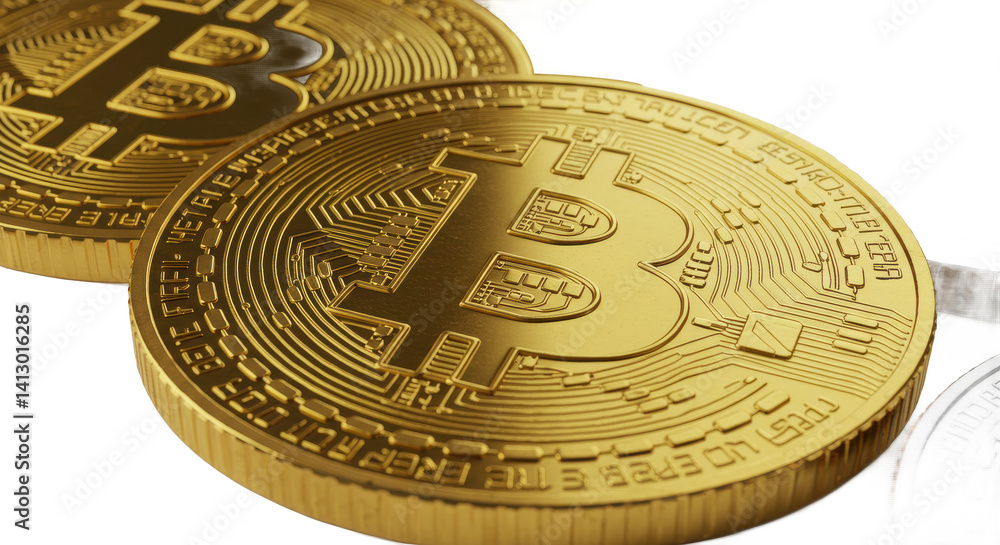 Poster close up of several golden bitcoin coins showing the bitcoin symbol and intricate detailing on the s