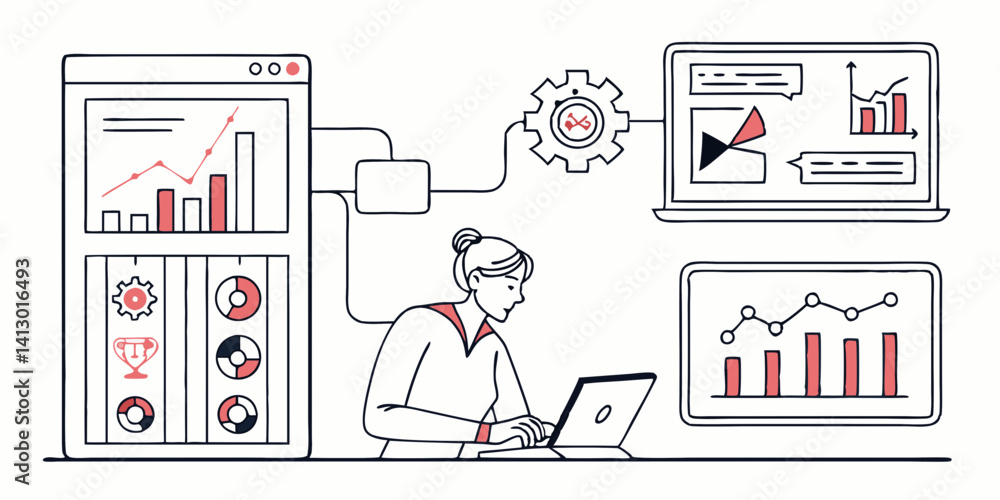 Poster business data analysis and reporting illustration: woman analyzing business data charts, vector grap