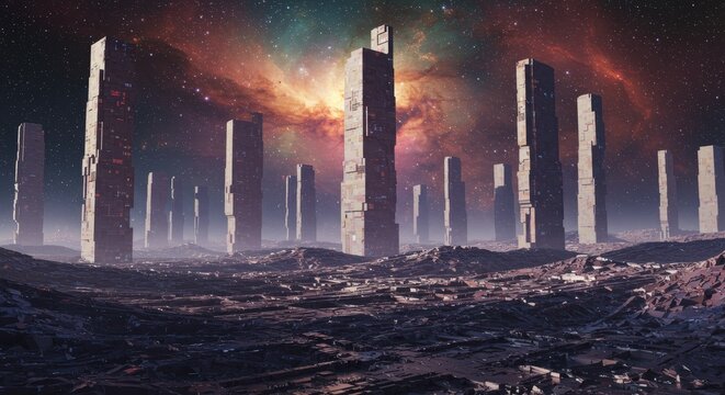 Monoliths of Infinite Computation - Alien landscape, towering structures, nebula backdrop, computation, futuristic scene