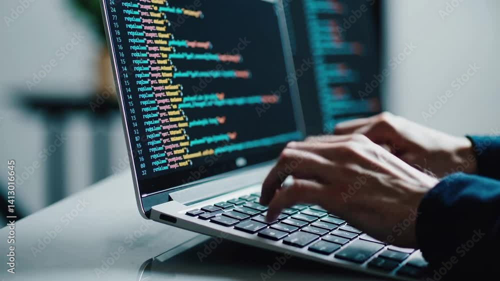 Aufkleber Male professional hands typing code on laptop keyboard, focusing on software development process with concentration on cybersecurity and programming expertise