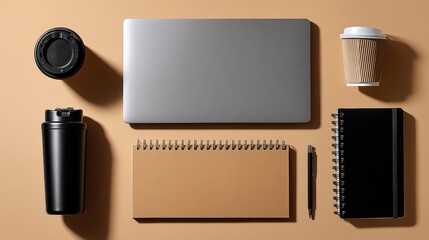 Flat lay of stylish desk setup with laptop, coffee, and planner, bathed in morning sunlight, ideal for productivity and work-from-home visual themes, copyspace for text