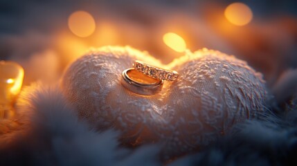 Eternal Rings of Love: A pair of exquisitely crafted wedding rings rests delicately atop a soft, textured surface bathed in a warm, romantic glow.