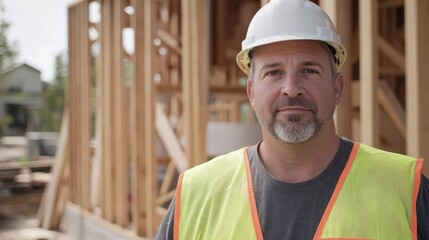 Portrait of a middle-aged man in safety gear at a construction site, showcasing his professionalism and focus amid a developing project environment.