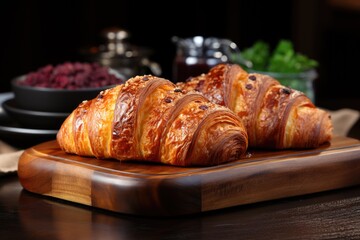 Close-up of golden brown croissants with sugar crystals and chocolate chips, served on a wooden cutting board