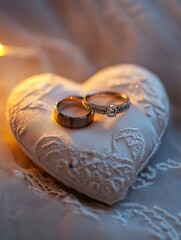 Eternal Bond: Wedding rings elegantly resting on a heart-shaped cushion, symbolizing the unbreakable connection and promise of forever. Capturing the romance, devotion.