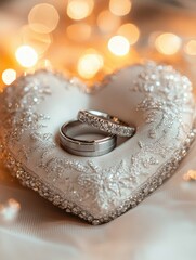 Eternal Vows: Capturing the romance of forever, the photo features two wedding rings resting on a delicate heart-shaped pillow.