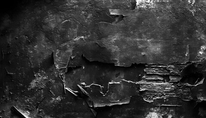 A close-up, high-contrast black and white image revealing the textured surface of a wall with significant damage, featuring large areas of peeling material exposing rough underlayers and cracks.