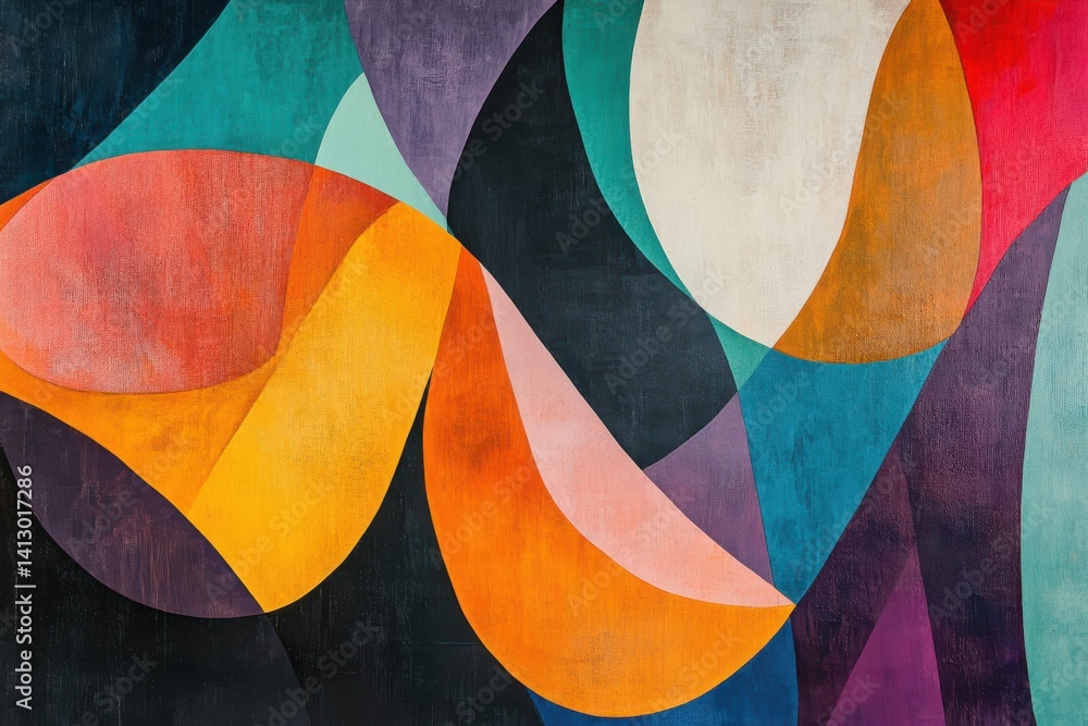 Poster abstract art featuring curved shapes in vibrant colors creating a modern artistic composition style