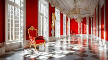 Luxurious red hall with golden chair. Sunlight streams through large windows