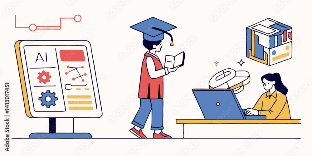 Poster ai education robotics automation flat vector illustration for future tech skills learning