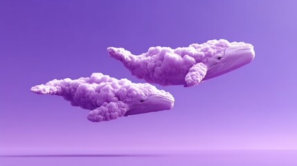 Surreal dreamscape of clouds shaped like whales floating in purple sky, imaginative and fantasy-themed concept for editorial or storytelling visuals, copyspace for text