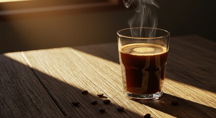 Morning Coffee Delight - A steaming cup of coffee sits on a wooden table, bathed in warm sunlight. Coffee beans are scattered nearby