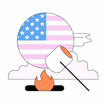 recommend clip art: Roasting marshmallows under a giant American flag on a summer night, simple line art style with pastel colors.