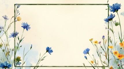 Fototapeta premium Blooming Watercolor Floral Border: An elegant watercolor painting showcases a captivating floral border, perfect for adding a touch of artistry and nature's charm to your designs.