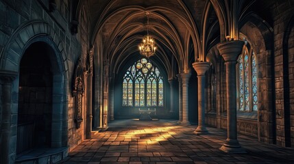 Gothic Cathedral Interior with Arched Vaulted Ceilings, Elegant Columns, and Illuminated Stained Glass Windows