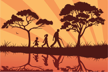 41 Silhouette of family walking at sunset, vibrant orange sky, sun rays, two trees, reflection in water, grass, tranquil scene, digital art, vector illustration, warm colors, family togetherness, natu