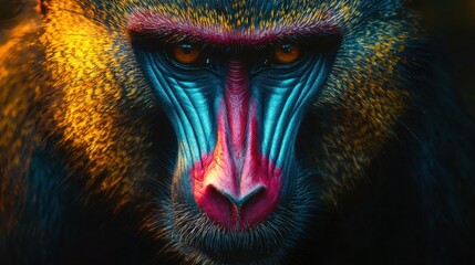 Fototapeta premium A baboon displays striking facial colors and intricate textures, showcasing its expressive eyes and vivid markings