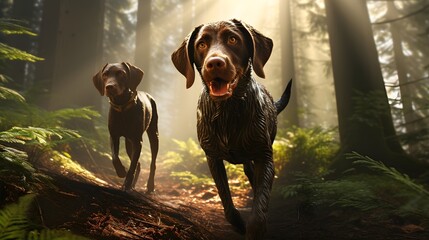 Two german shorthaired pointers are running in the forest 