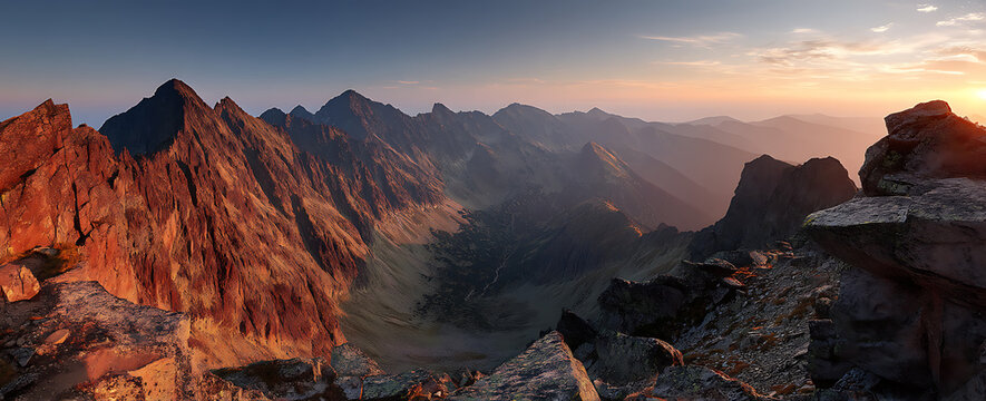 Panorama mountain autumn landscape. A breathtaking panoramic view of a mountain range bathed in sunlight.