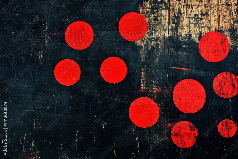 Poster Abstract art featuring red circles on a textured dark background with visible brush strokes and patterns